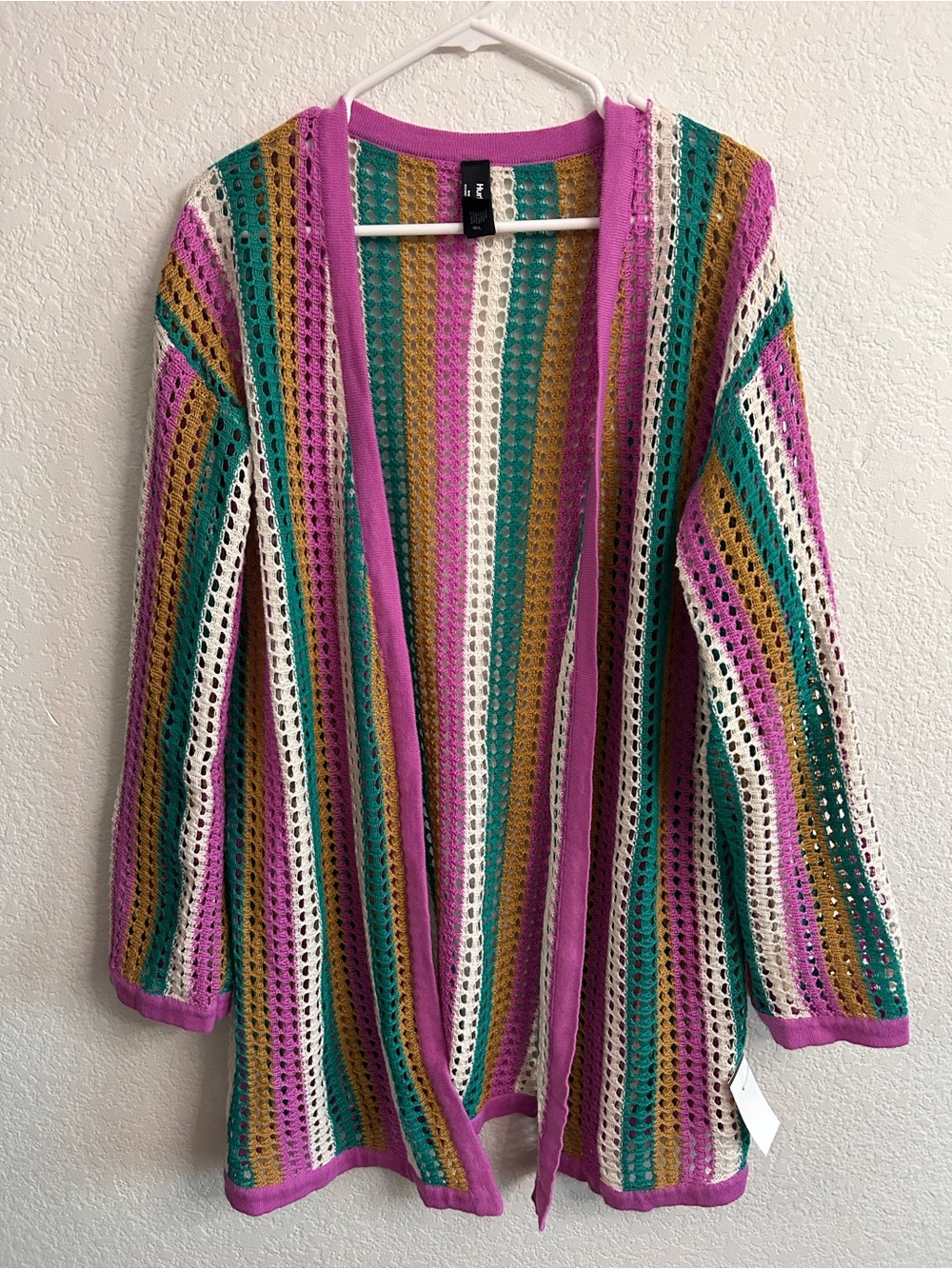 Hurley Open-Knit Striped Cardigan in Pink, Teal, Mustard & Cream